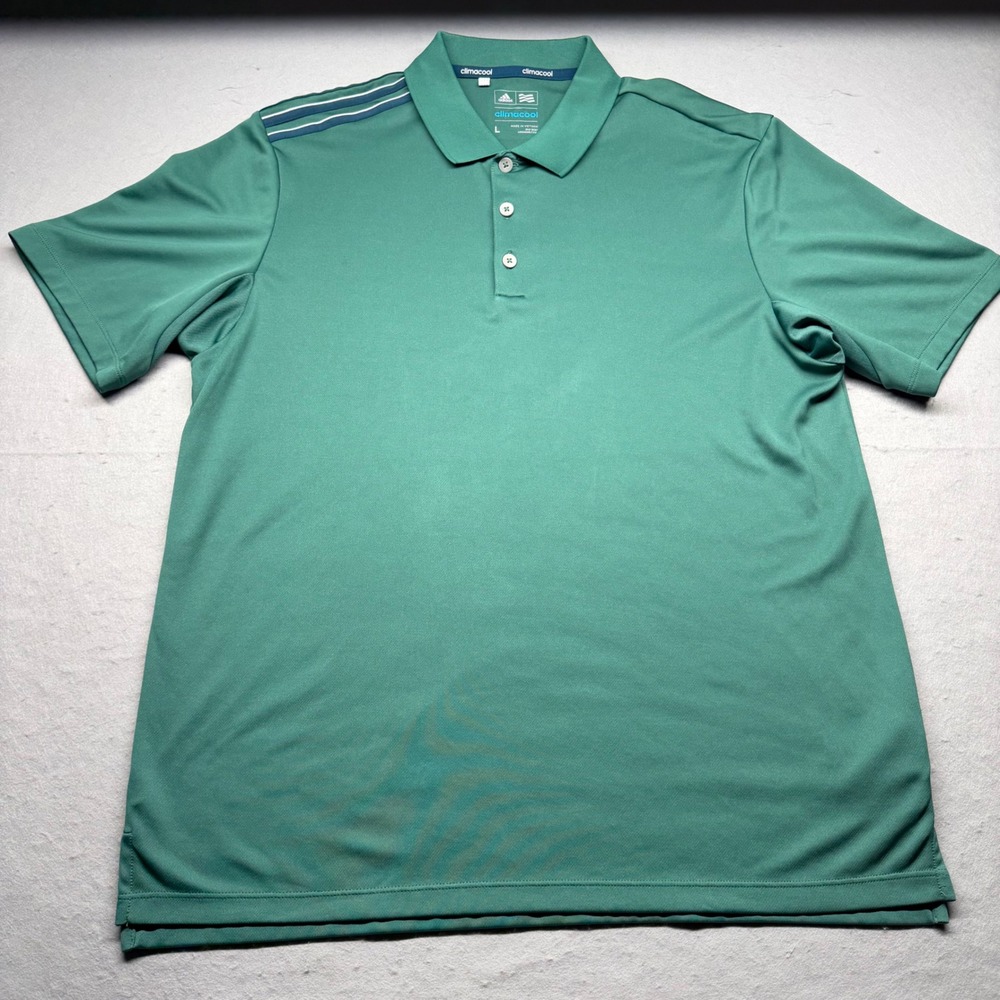 Adidas Polo Shirt Mens Large Green Climacool Golf Short Sleeve 3-Stripe Sport